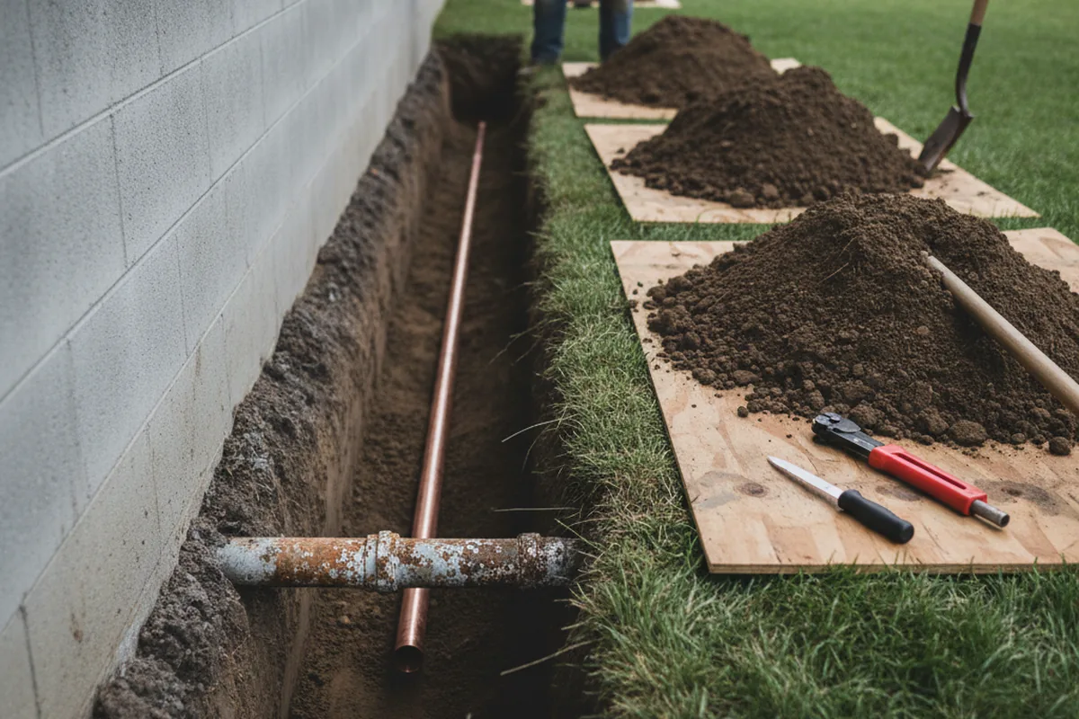 Excavated water line trench during Sewer Line Repair in Cossayuna
